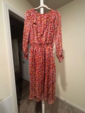 MELLODAY Red Floral Long Sleeve Midi Dress